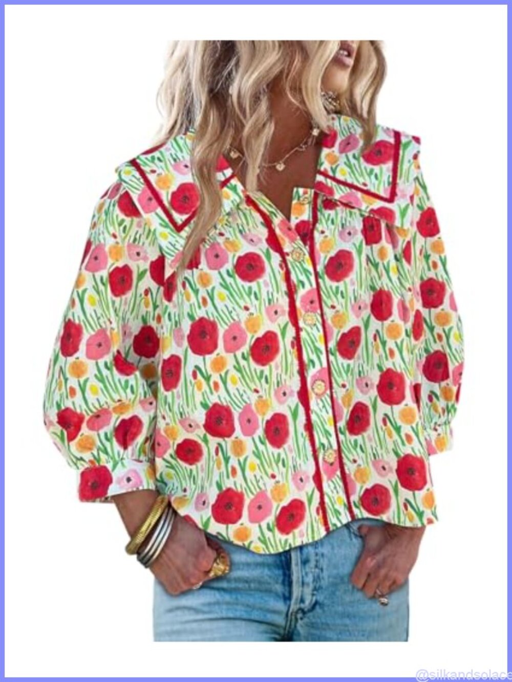 Womens Floral Button Down Blouse 3/4 Sleeve Square Neck Lantern Sleeve